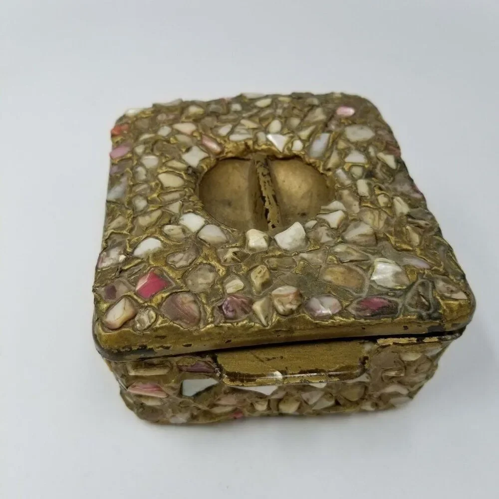 Moroccan Wedding Jewelry Box Inlaid Semi-Precious Stones Gems Gold 2.5